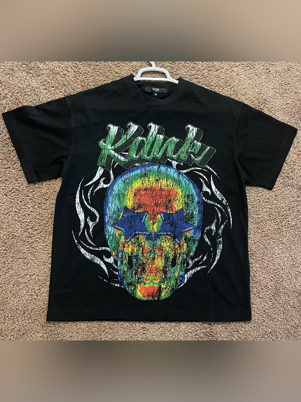 KDNK Black Graphic Skull Tee with Rainbow Print NWOT